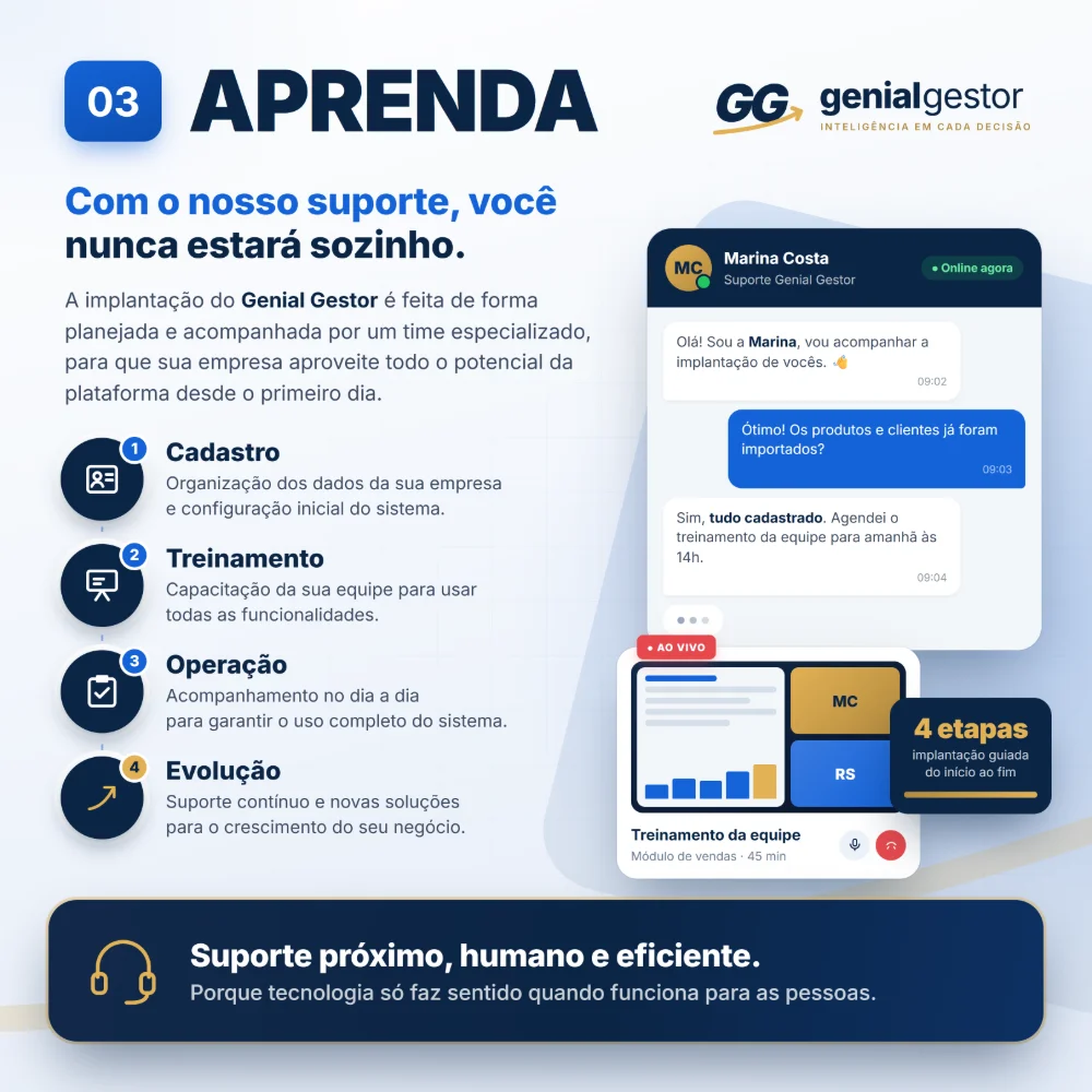 Implantação do Genial Gestor em quatro etapas, com suporte acompanhando a equipe